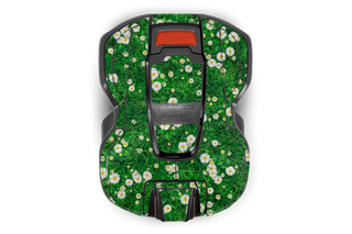 Widok z góry kosiarki automatycznej Husqvarna z wzorem kwiatu stokrotki na powierzchni.