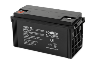 Power Kingdomi sügava tsükliga ventiiliga reguleeritava GEL-aku eestvaade.