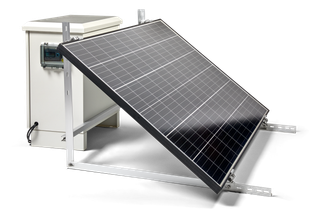 Side view of a solar panel mounted on a metal frame with an electrical box in the background.
