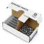 Top view of a box labeled 'Genuine Parts' containing small metal components, with Husqvarna Group branding.