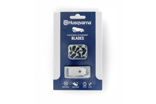 ด้านบน view ของบรรจุภัณฑ์ใบมีด Husqvarna Automower แสดงใบมีดและสกรู