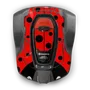 Top view of a Husqvarna robotic lawn mower with a ladybug design.