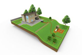 Illustration of a garden layout with a house, playground, and robotic lawn mower path.