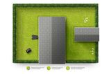 Vista superior de un diseño de jardín con cables delimitador y guía para un robot cortacésped.
