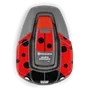Top view of a Husqvarna Automower with a ladybug-themed design.