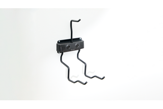 Wall-mounted double hook for organizing tools or equipment.