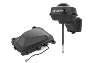 Front view of Husqvarna robotic lawn mower accessories, including a satellite signal receiver.