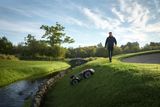 A person walking on a grassy slope, with a robotic lawn mower operating on the slope.
