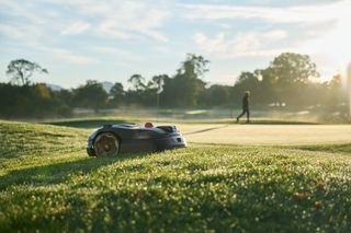 Kosiarka automatyczna pracująca na zroszonym polu golfowym wczesnym rankiem.