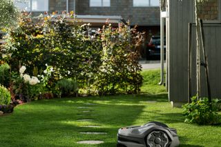 Robotfűnyíró, amely egy kertben működik, lépcsőkövekkel.