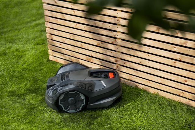Robotplæneklipper, der arbejder nær et træhegn i en have.