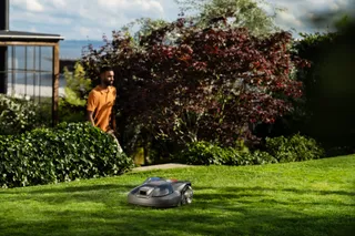 Robotic lawn mower operating on a well-maintained lawn in a garden setting. House and person in the background.