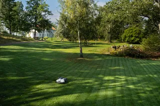 Robotic lawn mower operating in a garden with a satellite signal icon overlay.