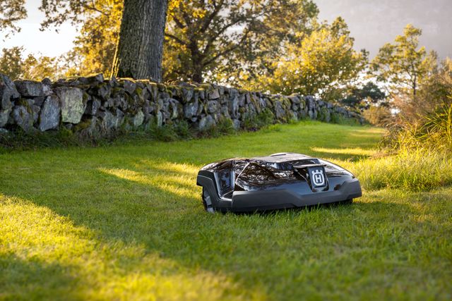 Robotic lawn mower operating on a grassy path beside a stone wall in a scenic outdoor setting.