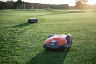 Deux robots tondeuses opérant sur un grand champ herbeux.