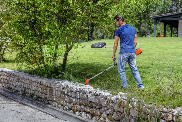A person using a string trimmer to maintain grass along a stone wall in a garden.