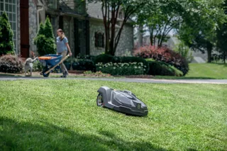 Un robot cortacésped funcionando en un césped cubierto de hierba con una persona y un perro al fondo.