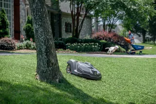 Robot cortacésped operando en un jardín con una persona en el fondo usando una carretilla.