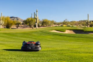 Robotic lawn mower operating on a golf course with desert landscape in the background.