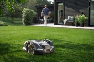 A robotic lawn mower operating on a well-maintained lawn with a person walking towards a modern house.