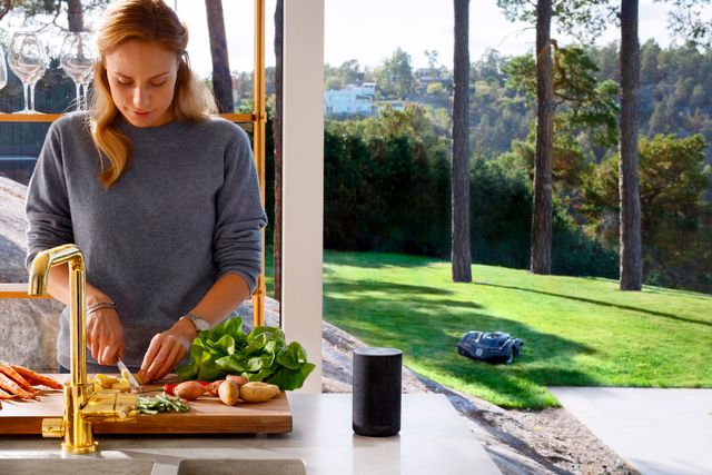 A person chopping vegetables in a kitchen with a view of a garden where a robotic lawn mower is operating.
