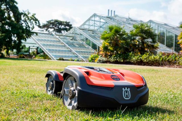 Robot tondeuse fonctionnant sur une zone herbeuse à proximité d’une serre.