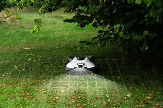 Robotic lawn mower operating on a grassy area under a tree.