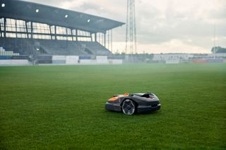 Robot tondeuse utilisé sur un terrain de football.
