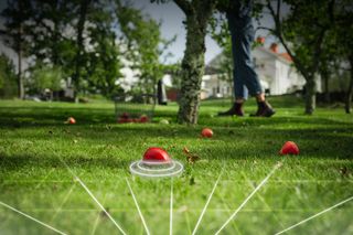 Robotic lawn mower operating in a garden with a satellite signal icon overlay.