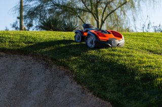Robotic lawn mower operating on a grassy slope in a garden setting.