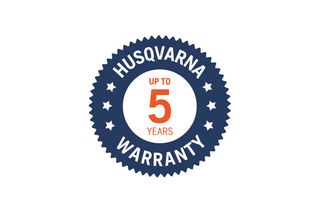 Circular Husqvarna warranty badge with text “Up to 5 years” and star accents.