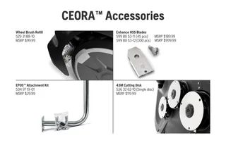 CEORA accessories: wheel brush refill, HSS blades, 43M cutting disk, and EPOS attachment kit.