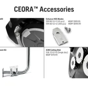 CEORA accessories: wheel brush refill, HSS blades, 43M cutting disk, and EPOS attachment kit.