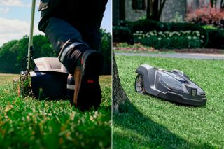 Split image: person mowing with a walk-behind mower; Husqvarna robotic mower near a tree.