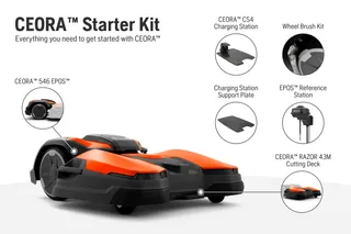 CEORA 546 EPOS robotic mower with callouts to kit parts: CS4 charger, support plate, wheel brush, EPOS reference station and RAZOR 43M cutting deck.