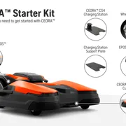 CEORA 546 EPOS robotic mower with callouts to kit parts: CS4 charger, support plate, wheel brush, EPOS reference station and RAZOR 43M cutting deck.