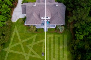 Aerial view of a backyard split showing a robotic mower creating star and stripe patterns.