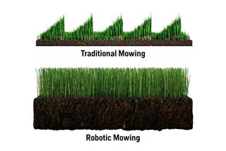 Cross-section lawn: uneven grass 'Traditional Mowing' above even grass 'Robotic Mowing'.