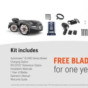 Kit includes Automower iQ AWD Series Mower, charging station, RS1 EPOS Reference Station, installation materials, 1 year of blades, operator's manual, and welcome guide.