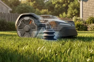Robotic lawn mower in a garden with an overlay showing internal components and a signal icon.