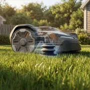 Robotic lawn mower in a garden with an overlay showing internal components and a signal icon.