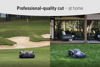 Two robotic lawn mowers operating; one on a golf course and another in a home garden.