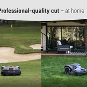 Two robotic lawn mowers operating; one on a golf course and another in a home garden.