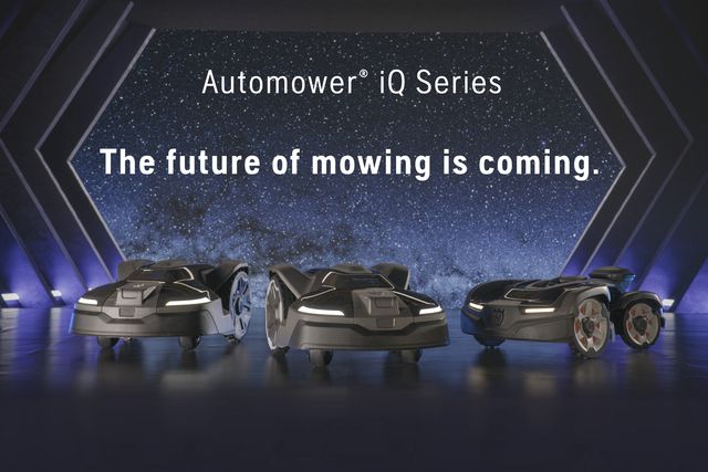 Three robotic lawn mowers from the Automower iQ Series displayed in a futuristic setting.