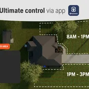 Top view of a house with lawn areas marked for mowing schedules, controlled via app with pattern settings options.