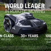 Robotic lawn mower on grass with text highlighting warranty and experience.