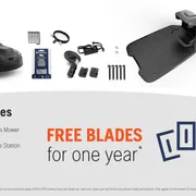 Automower iQ Series Mower kit including mower, charging station, RS1 EPOS Reference Station, installation materials, and one year of blades.