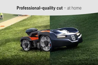 Two Husqvarna robotic lawn mowers on grass, showcasing professional-quality cut at home.