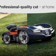 Two Husqvarna robotic lawn mowers on grass, showcasing professional-quality cut at home.