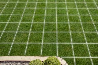 Un quadrillage superposé sur une pelouse soigneusement tondue à côté d’un chemin en pierre.